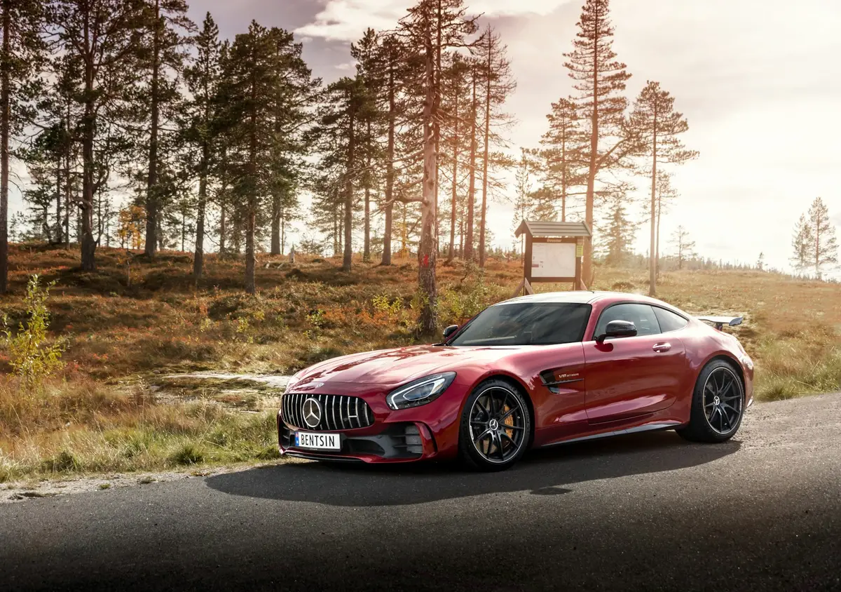 Red Mercedes-AMG GT R parked on a forest road in autumn sunlight
